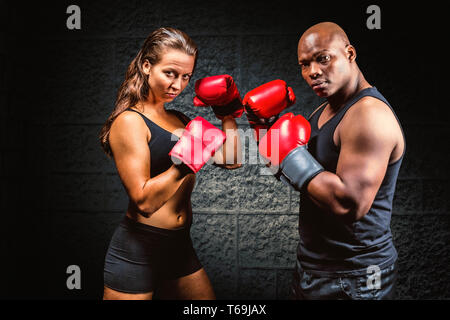 Image composite de portrait d'athlètes masculins et féminins avec position de combat Banque D'Images