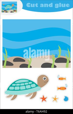 Sous l'eau tortue dessin animé, jeu de l'éducation pour le développement des enfants d'âge préscolaire, des ciseaux et de la colle pour créer l'appliqué, couper des parties du Illustration de Vecteur