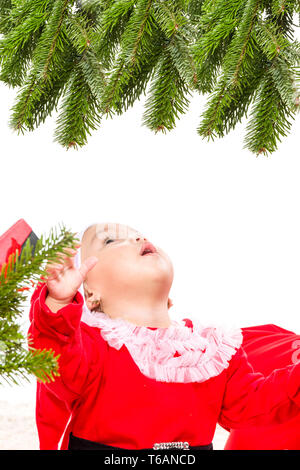 Magnifique petite fille en face de l'arbre de Noël Banque D'Images