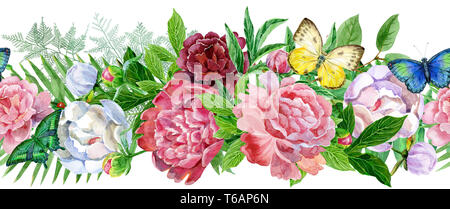 Aquarelle fleurs, frontière perméable. Illustration de fleurs, feuilles et bourgeons. La composition botanique pour un mariage ou une carte de vœux. branche de fleurs - abstrac Banque D'Images