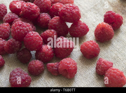 Dispersion des framboises fraîches sur un fond de tissu Banque D'Images