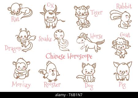 Horoscope zodiaque chinois ont la chance, sens des animaux 12 animaux de l'horoscope chinois : Rat, Taureau, tigre, lapin, dragon, serpent, cheval, chèvre, Monke Illustration de Vecteur