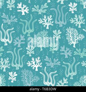 Mignon Hand-Drawn lunatique Sea Life, coraux, algues, algues Vector Pattern transparente. Fond de l'océan Monochrome Aqua. Télévision sous la mer Dessins Illustration de Vecteur