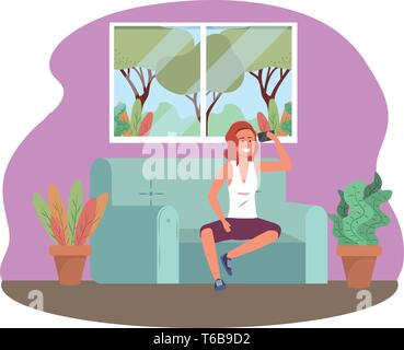 Personne assise millénaire dans la table à l'aide sociale à l'intérieur redheadprocrastination smartphone média frame vector illustration graphic design Illustration de Vecteur