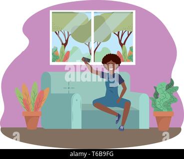 Personne assise millénaire dans la table à l'aide des médias sociaux smartphone procrastination bretelles afro en tenant à l'intérieur du châssis arrière-plan selfies vector illustration graphic design Illustration de Vecteur