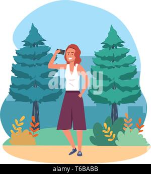 Personne tenue élégante millénaire smartphone à l'aide de sms conversation redhead nature arbres arbustes background vector illustration graphic design Illustration de Vecteur