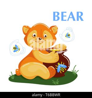Créateur de l'éducation de l'alimentation de l'ours et le miel des abeilles de vol Illustration de Vecteur
