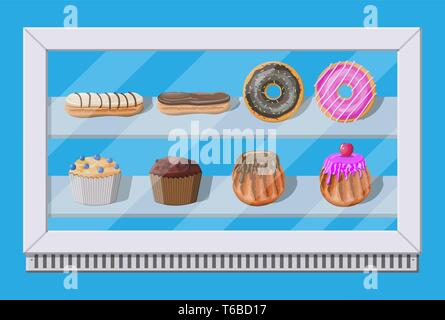 Boulangerie-pâtisserie congélateur avec gâteaux et pâtisseries. Beignet, muffin, cupcake et eclair. Illustration vectorielle de style plat Illustration de Vecteur