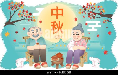 Couple Oriental célébration de fêtes de mi-automne. Mot chinois signifie joyeux festival de mi-automne. Illustration de Vecteur