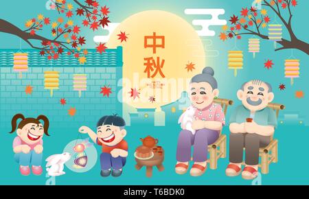 Couple Oriental célèbre Festival de mi-automne avec leurs petits-enfants. Mot chinois signifie joyeux festival de mi-automne. Illustration de Vecteur