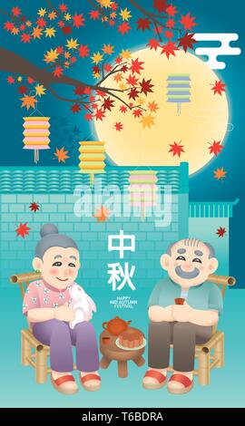 Couple Oriental célébration de fêtes de mi-automne. Mot chinois signifie joyeux festival de mi-automne. Illustration de Vecteur