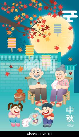 Couple Oriental célèbre Festival de mi-automne avec leurs petits-enfants. Mot chinois signifie joyeux festival de mi-automne. Illustration de Vecteur