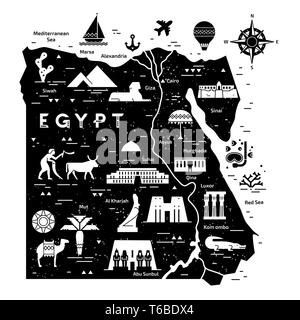 Contours et silhouette carte de l'Egypte - vector illustration faites à la main avec des lignes noires, isolé sur fond avec des symboles de l'Egypte attractions d'icônes. Illustration de Vecteur