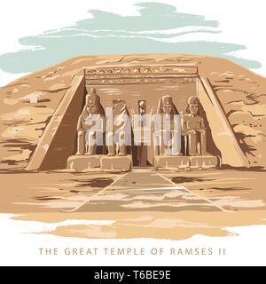 Vector illustration colorée le grand temple de Ramsès 2 à la main en arrière-plan blanc. Le Grand Temple à Abou Simbel, Egypte. Illustration de Vecteur