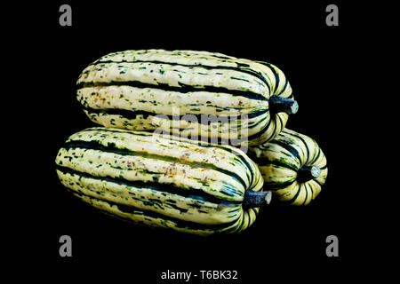 Close up de trois Delicata squash sur fond noir. Banque D'Images