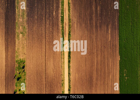 Vue aérienne de route de terre agricole par domaine de haut en bas vue du drone pov, abstract nature background Banque D'Images