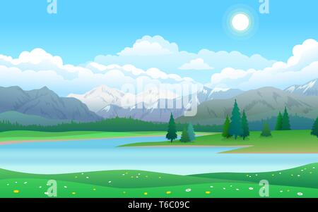 Beau paysage avec lac, forêt et montagnes Illustration de Vecteur
