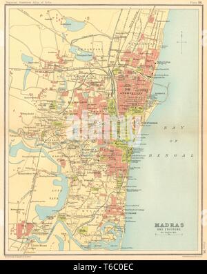 La ville de Chennai / Madras city plan. Les principaux bâtiments. L'Inde britannique 1931 Ancien site Banque D'Images