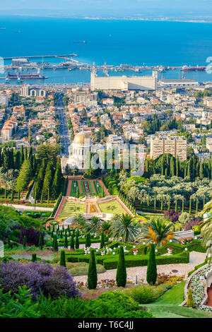 Israël, Haifa, district de Haïfa. Les Jardins Baha'i et les bâtiments au centre-ville de Haïfa vu depuis le Mont Carmel. Banque D'Images