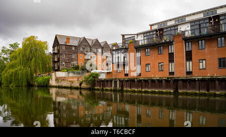 Les appartements, penthouses et propriétés au bord de l'eau le long de la rivière de la rivière Wensum dans la ville médiévale de Norwich, Norfolk. Banque D'Images