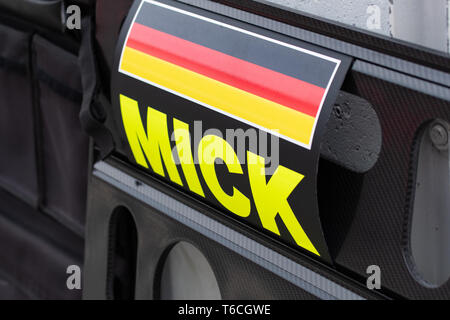 Barcelone, Espagne, le 5 mars 2019 - Pit conseil d'Mick Schumacher de l'Allemagne avec 9 courses Course Prema jour 1 de la Fia F2 2019 Test d'avant saison sur le circuit Banque D'Images