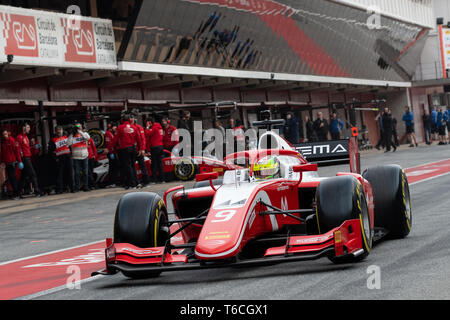 Barcelone, Espagne, le 5 mars 2019 - Mick Schumacher de l'Allemagne avec 9 courses de Prema - au cours de la 1re journée de Championnat F2 2019 Test d'avant saison sur le circuit de Catalun Banque D'Images