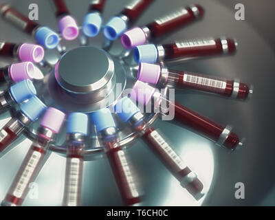 L'équipement de laboratoire de la centrifugation de sang. Notion de droit d'un test sanguin. 3D illustration. Banque D'Images