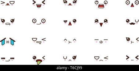 Les expressions des visages Kawaii sourire mignon des émoticônes. Emoji japonais Illustration de Vecteur