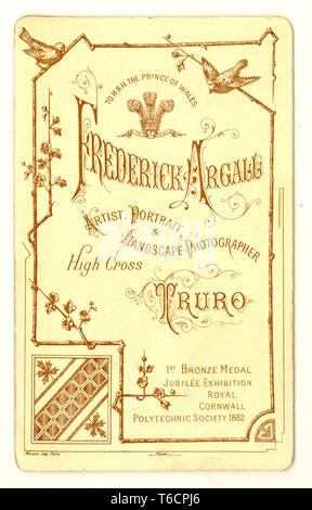 Verso d'un Carte de visite carte de visite ( ) Le matériel promotionnel, de studios de Frederick Argall, Truro, Cornwall, Royaume-Uni circa 1890 Banque D'Images