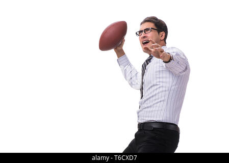 Jeune homme d'affaires avec le football américain isolated on white Banque D'Images