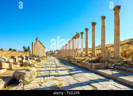 La Jordanie, le Gouvernorat de Jerash, Jerash. La rue à colonnade (cardo maximus) dans l'ancienne ville romaine de Gérasa. Banque D'Images