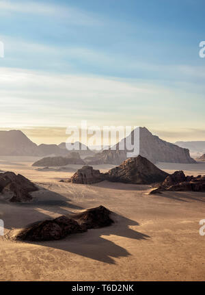 Paysage de Wadi Rum, vue aérienne d'un ballon, le gouvernorat d'Aqaba, Jordanie Banque D'Images