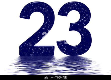 Chiffre 23, vingt trois étoiles, la texture sky imitation, reflétée sur la surface de l'eau, isolé sur blanc, 3D render Banque D'Images