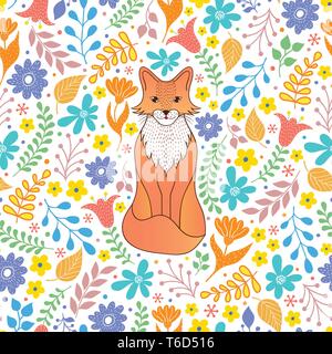 Modèle avec la Fox et fleurs orange Illustration de Vecteur