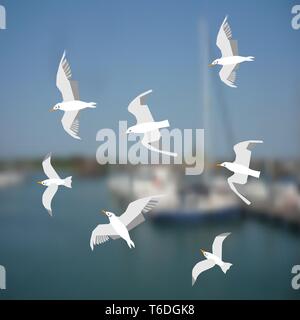 Arrière-plan flou bleu de la mer. Silhouettes floues de plusieurs bateaux. Mouettes volantes troupeau close-up. Oiseaux blancs sur la mer bleue. Concept de la mer et se Illustration de Vecteur