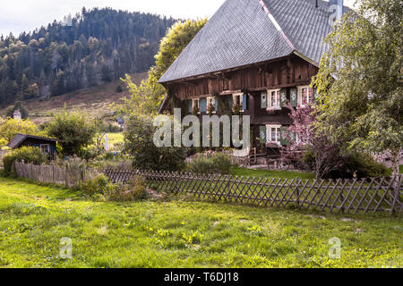 Forêt Noire typique maison avec toit en croupe et de collines boisées, le village de Müllheim, Allemagne, l'architecture originale de la Haute Forêt Noire Banque D'Images