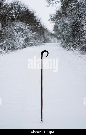 Close up of a Shepherd's personnel dans la neige sur une route rurale. Banque D'Images