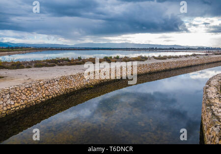 Parc régional Molentargius Saline près de Cagliari, Sardaigne, Italie. Une zone humide avec des réservoirs d'eau douce et séparés par des passages sablonneux (Arenas) Banque D'Images