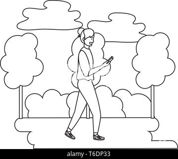 Personne tenue élégante millénaire smartphone à l'aide de sms conversation nature fond arbres arbustes noir et blanc vector illustration graphic design Illustration de Vecteur