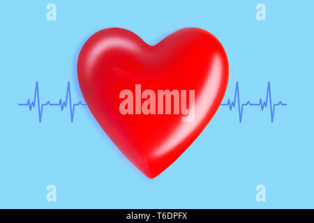 Santé et médecine concept. close up de coeur rouge avec ligne ecg sur fond bleu. Banque D'Images