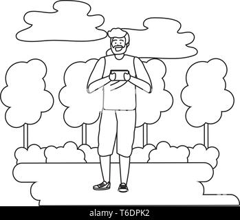 Personne tenue élégante millénaire à l'aide de sms smartphone blond barbu conversation nature fond arbres arbustes noir et blanc vector illustration graphic design Illustration de Vecteur