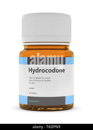 3D render of hydrocodone avec bouteille de pilules. Composé chimique organique analgésique concept. Banque D'Images