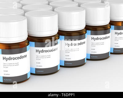 3D render of hydrocodone bouteilles avec des pilules. Composé chimique organique analgésique concept. Banque D'Images