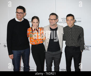 28 avril 2019 - New York, New York, États-Unis - Sam Esmail, Carly Chaikin, Christian Slater et Rami Malek au Tribeca parle : un adieu à ''Mr. Robot'' au Festival du film de Tribeca 2019, tenue au printemps à Tribeca Studios à New York, New York, USA, 28 avril 2019 (Crédit Image : © Ylmj/AdMedia via Zuma sur le fil) Banque D'Images