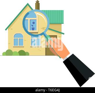 Human hand holding loupe avec house, le choix d'un foyer, projet immobilier, l'immobilier à vérifier concept, style plat illustration isolé Illustration de Vecteur