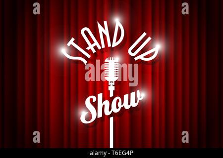 Stand up comedy night live show open mic sur scène de théâtre vide. Microphone Vintage contre rideau rouge en toile de fond. Image Retro vector art illustration. Illustration de Vecteur