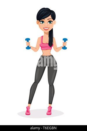 Jolie dame sportive, remise en forme attractive woman. Joyeux personnage faisant des exercices avec haltères. Vector illustration sur fond blanc Illustration de Vecteur