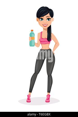 Jolie dame sportive, remise en forme attractive woman. Joyeux personnage tenant une bouteille d'eau. Vector illustration sur fond blanc Illustration de Vecteur