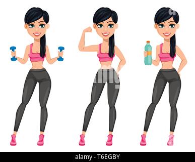Jolie dame sportive, remise en forme attrayante femme, ensemble de trois poses. Joyeux personnage holding dumbbells, montrant des biceps et tenant une bouteille de Illustration de Vecteur