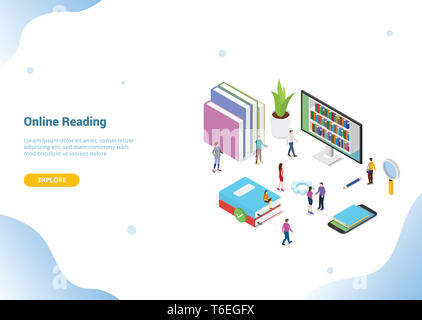 3D isométrique concept de lecture en ligne avec des livres ou ebooks pour modèles de bannière de site web ou d'atterrissage homepage - vector illustration Banque D'Images